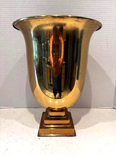 VTG.POLISHED BRASS ALTER VASE FLARED TOP.PED. BASE CHURCH, ARTISTIC MFG.ORIG TAG picture
