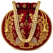 Indian Ethnic Designer Embroidered Silk Potli Bag Batwa Pearls Handle Purse C... picture