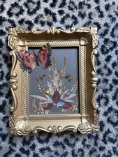 Vintage Framed Pressed Dried Flower Folk Art Butterfly Ornate Gold Frame 7.25” picture