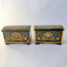 Vintage Rosemaling Wooden Trinket Boxes Pair 1992 1993 Hand Painted Folk Art picture