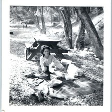 c1940s Cute Woman Beret Picnic Blanket Snapshot Photo Vintage Car Fashion Park picture