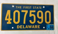 Vtg Delaware License Plate - ‘98 Tag, The First State - #407590 - Good Condition picture