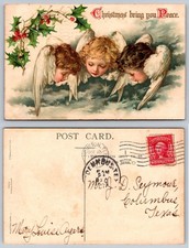 1907 Christmas Angels Holly Postcard Ernest Nister Columbus TX Posted Antique picture
