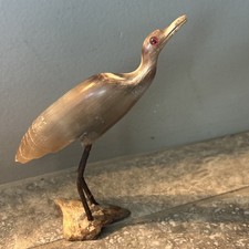 Vintage Bovine Bull Horn Heron Crane Bird Figurine Hand Carved picture