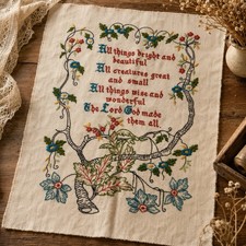 Vintage Hand Embroidered Linen Sampler All Things Bright Beautiful 13x16” picture