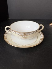 Antique Nippon Morimura Cream Soup Cups & Saucers Set of 4 Gold Floral 8 Pc picture