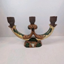 Vintage Mexican Folk Art Pottery 3 Arm Candelabra Candle Holder Bull Cactus picture