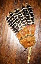 LARGE CEREMONIAL BARRED TURKEY NATIVE AMERICAN SMUDGE FAN ANTLER 18.5