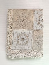 Lovely Antique Patchwork Linen & Lace Crochet Tablecloth 60x92 Handmade Heirloom picture