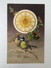Antique 1910 Happy New Year Postcard Birds Clock Midnight Holly Embossed Germany picture