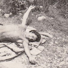 Shirtless Young Man Reclining On Sunny Rocky Shore In Sun Gay Int Vintage Photo picture
