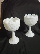 2 Vntg Milk Glass Pedestal Vase Quilted Pattern 9