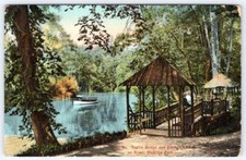 1910 RIVERTON PARK PORTLAND MAINE RUSTIC BRIDGE & ELECTRIC LAUNCH ON RIVER picture