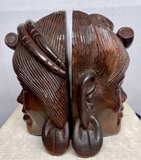 Pair Wood African Tribal Man Head Bust Sculpture/Bookends 8-1/2