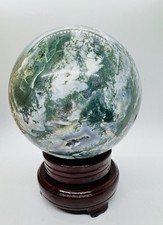 11 pound  Polished Moss Agate Green White Crystal Sphere with Wooden Stand picture