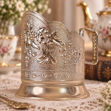 Vintage Podstakannik Metal Glass Holder Embossed Fruit Grape Pear Champagne Tea picture
