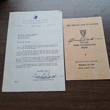 WWI Pilot Ace Eddie Rickenbacker Signed Letter Program Card Traffic Club Newark picture