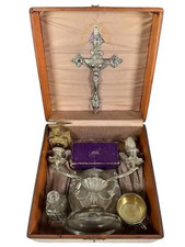 Antique Homan Silver Plate Catholic Sick Call Last Rites Kit w/ Box c.1897-1905 picture