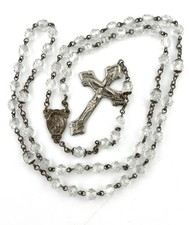 Vintage Catholic Rosary Clear Faceted Glass Beads Sacred Heart Crucifix 28g picture