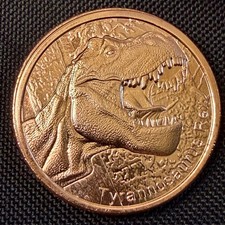 1 oz .999 Fine Copper Round T-Rex Dinosaur Design Bullion Coin Jurassic Style BU picture