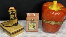 3 Unique Limoges Trinket Boxes Peint Mein PEPPER COFFEE SACK COWBOY BOOT France picture