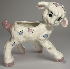 1950's Anthropomorphic Kitsch VTG Ceramic Lamb Planter With Pink ￼& Blue Patches picture