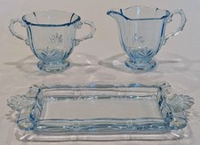 Fostoria Baroque Azure Blue Creamer & Sugar Dishes with Original Tray picture