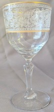 Vintage Gold Encrusted Etch Crystal Wine Goblet Floral Medallion Cut Facet Stem picture