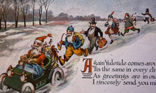 Rare 1905~Santa in Car with Ethnic Santa's from Other Nations Christmas Postcard picture