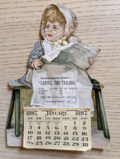 Antique 1897 Easel Calendar Tailor Davenport Iowa Child Reading Newspaper vtg picture