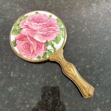 Antique Porcelain Rose & Gold Gilt Brass Vanity Art Nouveau Repousse Hand Mirror picture