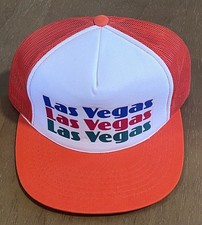 Vintage 80s Las Vegas Trucker Hat Snapback Orange White Foam Mesh Cap picture