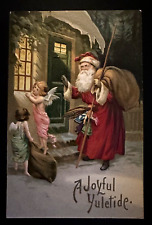 Santa Claus at Door with Angels~Staff~Sack~ Antique~Christmas  Postcard~k265 picture
