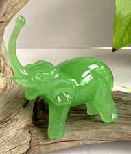Vintage Mid Century Green Glass Elephant Figurine Trunk Up For Luck Prosperity picture