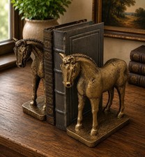 Pair Of Antique Gold Horse Bookends Vintage Style Horse Statue Figurines Shelf  picture