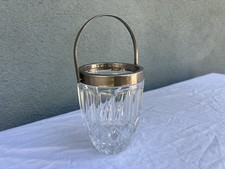 Vintage crystal ice bucket with a silver-plated rim and handle. No tongs. picture