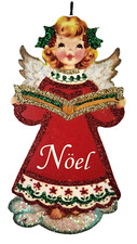 ANGEL in RED DRESS SINGING w BOOK - NOEL *  Glitter CHRISTMAS ORNAMENT * Vtg Img picture