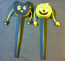 Two FUN Vintage Halloween Balance Drum Noisemakers Black Cat & JOL Pumpkin picture