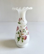 Antique Vtg Hand Blown Milk Glass Vase, Ruffled Edge, Painted Flowers Gold 9.5” picture