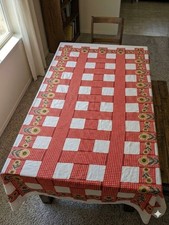 RATE Vintage Terry Cloth Sunflower Lattice Optical illusion Tablecloth 76x52 HTF picture