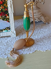 Antique 1920s Green & Gold Glass Perfume Atomizer Bottle w/ Bulb & Tassel picture