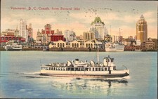 Vancouver BC - Skyline from Burrard Inlet with ferry - Linen Postcard 1934, 1939 picture