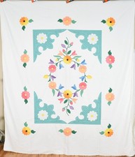 VIBRANT Vintage 30's Deco Tulip Daisy Vine Floral Applique Antique Quilt Top picture