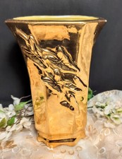 Vintage McCoy Style 24K Gold Covered Ivy Embossed Vase Green Glaze Interior picture