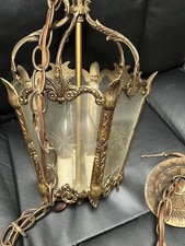 Vintage French Rococo Style Gold Hanging Lantern Etched Glass Panels picture