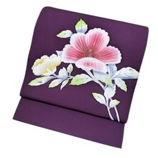 【NAGOYA OBI】Japanese Kimono Silk Obi/Purple/ Floral /Shioze/Casual/Hand-Painted picture