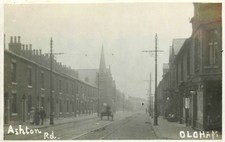 Vintage c1910 Ashton Rd Oldham UK Real Photo Postcard Church Tram Tracks RPPC picture