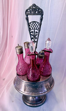 Antique Victorian Aurora 495 Cranberry Pink Glass 5-Bottle Cruet Set Silverplate picture