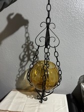 Vintage 1960's-70s Gothic Mission Spanish wrought iron Amber Glass Globe Hanger picture