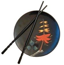 Vintage SIGNED 1950s Plate Chop Stix Laquerware Black Okinawa Japan Ryukyu Bembo picture